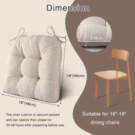 OVOV Indoor Chair Cushions for Dining Chairs Set of 4 18x18 Chair Cushion with Ties and Non-Slip Backing Tufted Thick Kitchen Chair Pads Made of Breathable Faux Linen Fabric (Beige)
