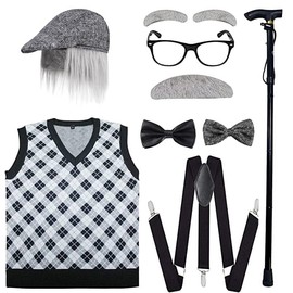 ATTBEA Old Man Costume for Kids 100 Days of School Costume for Unisex with Old Man Hat, Old Person Glasses, Costume Cane Grandpa Vest