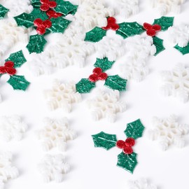 150pcs Miniature Christmas Decorations, Including 100 Tiny Holly Leaves Berries & 50 Small Snowflake Ornaments Mini Vase Filler Xmas Party Supplies Embellishment Buttons for Xmas Tree DIY Craft Decor