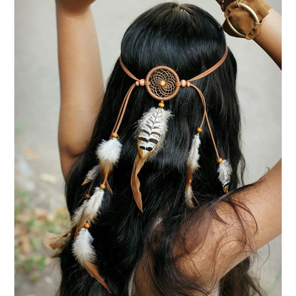 Zoestar Boho Feather Headband Headband Indian Headwear Dream Catcher Hippie Head Chain Hair Accessories for Women Girls Brown