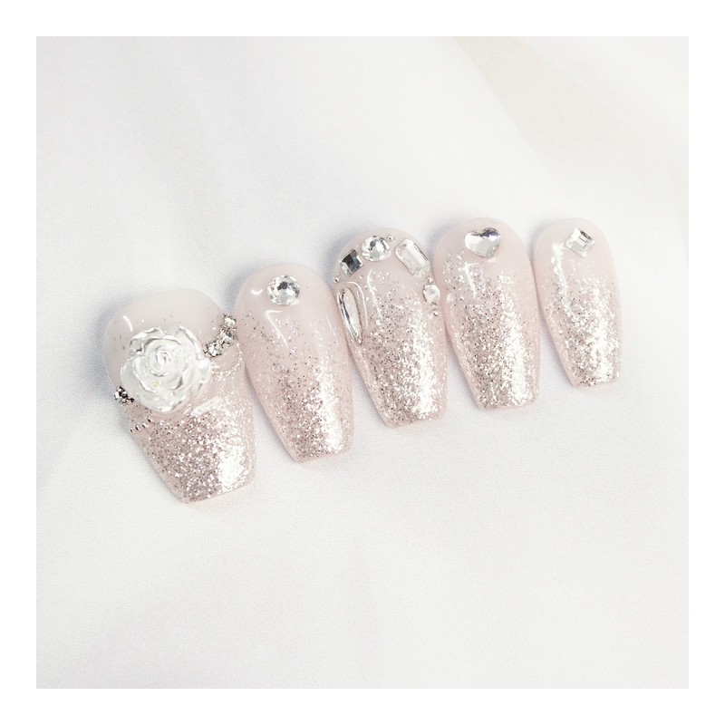 White Glitter Handmade Nail Tips - Apricot / 하얀 반짝임