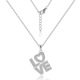 Moissanite Diamond Love with Heart Necklace for Women Hypoallergenic 925 Silver Jewellery LOVE Heart Pendant Necklace for Her Moissanite Lab-Created Gem Jewelry for Women I Love You S925 Sterling Silver Gifts to Wife Girlfriend Mom Daughter Anniversary B