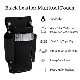 FESA Small Leather Tool Pouch - 4-in-1 Heavy Top Grain Leather Small Tool Pouch with a Steel Tape Measure Clip, 3 Pockets & Reinforced Heavy Duty Rivets - Fits Belts up to 3" - Handcrafted (Black)