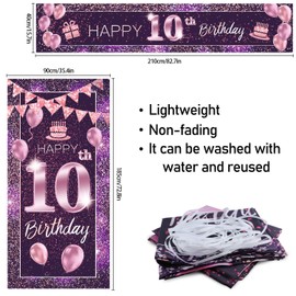 PAKBOOM Happy 10th Birthday Door Cover Porch Banner Sign Set - 10 Years Old Birthday Decoraions Party Supplies for Girls - Purple Pink