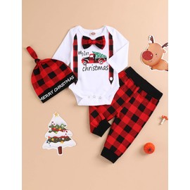 My First Christmas Outfit Infant Baby Boy Long Sleeve Romper Bodysuit + Red Plaid Pants + Merry Christmas Hat Gentleman Christmas Clothing Sets