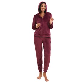 Navisting Women's Velvet Tracksuit Set Casual Full Zip Hooded Jacket and Long Workout Pants Jogging Suit Cuffed Style Burgundy S