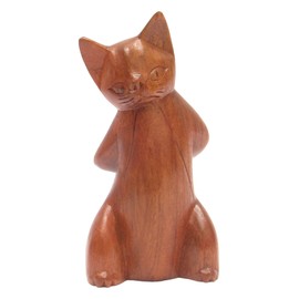 Brave Wings Hand Carved Wooden Cat ~ Sweet Cat 15.5cm High ~ Ornament Sculpture Figurine Statue Unique Table Decoration Home Decor ~ 5423