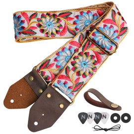 Nefelibata Guitar Strap,Crazy Horse Leather Jacquard Embroidery Cotton Guitar Straps for Bass, Electric & Acoustic, Best Gifts for Guitarists(Retro White Daisy)