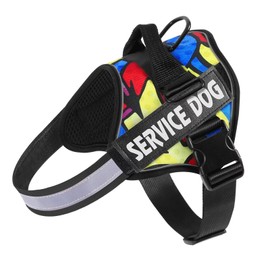 Belababy Service Dog Harness Small Medium Large, Adjustable Emotional Support Dog in Training Harness with Sturdy Handle, Reflective Therapy Puppy Vest, M, Colourful Scrawl