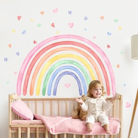 42"x26" Rainbow Hearts Stars Wall Decals for Girls Nursery Watercolor Rainbow Wall Mural Stickers Peel and Stick Vinyl Wall Art for Kids Toddlers Bedroom Playroom Classroom Wall Decor