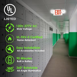 Gruenlich LED Combo Exit Sign, Emergency Light with 2 Adjustable Heads and Double Face, Back Up Batteries- US Standard Red Letter EXIT, UL 924 Qualified, 120-277 Voltage, 4-Pack