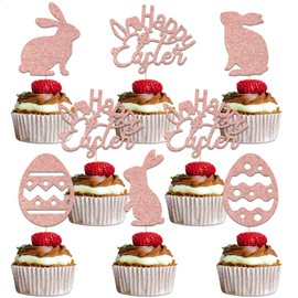 24Pcs Happy Easter Cupcake Topper, Easter Birthday Party Decor, Easter Bunny Egg Decoration, Welcome Spring Easter, Bunny Happy Easter Theme Baby Shower Bridal Shower Party Supplies Rose Gold Glitter