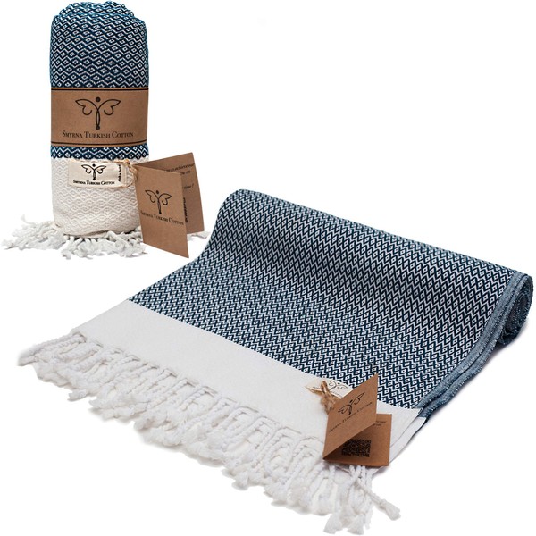 Smyrna Original Turkish Beach Towel Cotton, Prewashed, 37 x 71 Inches | Peshtemal and Turkish Bath Towel for SPA, Beach, Pool, Gym and Bathroom (Navy Blue)