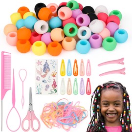FOWSRHRG 89 PCS Silicone Hair Beads Set for Kids Girls Braids with 60 PCS Pony Beads 12 PCS Rubber Bands, 2 PCS Quick Beaders, 12 PCS Clips, 1 PC Rat Tail Comb, 1 PC Scissor and Glitter Sticker(Small)