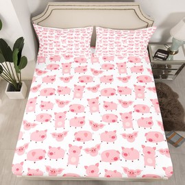Pink Pig Fitted Sheet Full Size Kids Cute Pigs Bedding Set for Boys Girls Teens Farm Animal Bed Sheet Set Breathable Cartoon Bed Cover Deep Pocket Kawaii Room Decor Lovely Pig