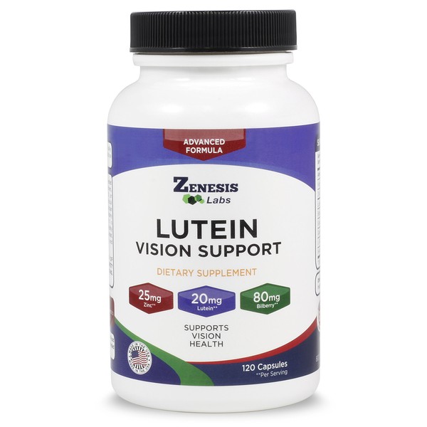 Zenesis Labs Lutein Vision Support - Essential Eye Vitamin - with Bilberry, Beta-Carotene, Zinc, Grapeseed & Other Minerals - 120 Capsules - 60 Day Supply