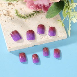 24 Pcs Purple Glitter Press on Nails Short Medium Square Fake Nails Gel Bling Gradient Acrylic Nails Kits Glossy Full Cover Stick Glue on Nails Artificial False Nails for Women Nails Art Decoration
