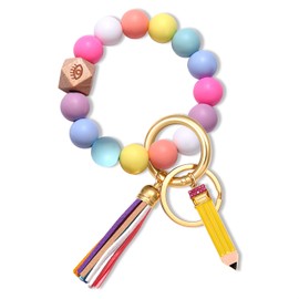 boderier Silicone Bracelet Keychain Wristlet Bangle Keyring Portable Keys Holder W/Tassel Pencil Teacher Appreciation Gifts (Colorful with pencil)