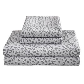 Mooreeke Leopard Cheetah Printed Full Bed Sheets, Soft Microfiber Bedding Sheets & Pillowcases, Deep Pocket Non-Slip Fitted Full Sheet, Silver Grey Animal Pattern Bedsheets