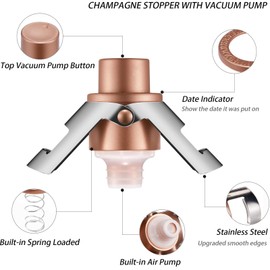HYZ 3-Pack Champagne Stoppers Wine Saver, Sparkling Wine Vaccum Stoppers with Built-in Pump for Champagne, Prosecco and Cava - Stainless Steel + ABS Champagne Bottle Stoppers, Rose Gold/Gold/Silver