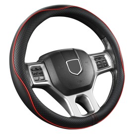 West Llama Customized Auto Car Steering Wheel Cover for Dodge RAM 1500 2500 3500, 15.5-16 inch (Black+Red Line-Large Size)