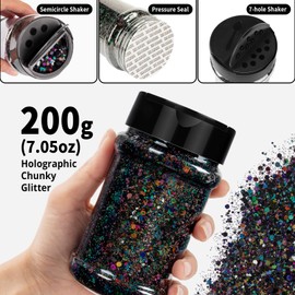 HTVRONT Black Glitter Chunky Glitter - 200g/7oz Holographic Glitter for Crafts, Iridescent Glitter for Resin, Chunky Mixed Fine Glitter, Craft Glitter for Nail Body Hair Tumbler Cosmetic Festival