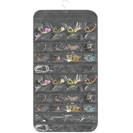 Tideme Double Sided Hanging Jewelry Organizer with 80 Pockets & Hook, PVC Wall Door Hanging Jewelry Holder for Earrings Necklaces Storage 30.7 x 16.3 Inches