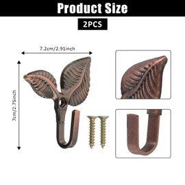 ZEACCT 2 Pcs Vintage Leaf Hooks - Ornate Metal Curtain Hangers with Tassel Design, Decorative Wall Hooks for Bedrooms & Hallways (Includes Screws)