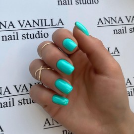 Press On Nails Solid Dark Color Fake Nails, Short Square Medium Shape, Stick on Nails，Glue on Nails Short Coffin False Nails on 24PCS (Lake Blue)