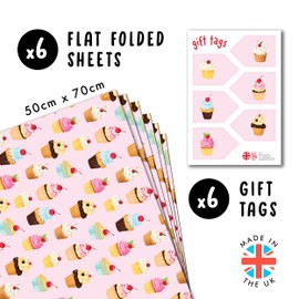 Pink Wrapping Paper - Cupcake Pattern - 6 Sheets of Wrapping Paper For Girls - Birthday, Wedding, Baby Shower - With Stickers - From Central 23