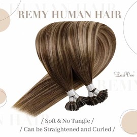 LaaVoo Real Hair Bonded Extensions, U-Tip Extensions, 60 cm, #4/18/4, Balayage, Brown with Ash Blonde, Keratin Extensions, Human Hair, 50 g/50 Pieces