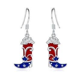 Patriotic American Flag Dangle Earrings for Women 925 Sterling Silver-4th of July Independence Day Red White Blue Patriotic Jewelry Gifts-Western Cowgirl Boots USA Flag Drop Earrings