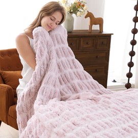 Warm Faux Fur Blanket with Flannel Fleece Reverse, Elsatic Striped Fuzzy Fleece Throw Blanket for Couch Sofa Bed Living Room, Light Pink Double-Sided Furry Blanket and Throws - 60"x 80"