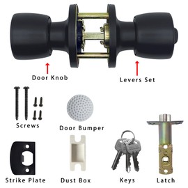 JO.KO Door Knob with Lock and Key, Round Ball Lock Interior/Exterior Door Knob for Bedroom Or Bathroom/Entry Door Handle (Matte Black 2Pack)