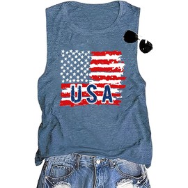 American Flag Tank Top Women Vintage USA Graphic Print Patriotic T Shirt Summer Casual Sleeveless Scoop Neck Workout Outdoor Athletic Cotton Tank Tops(Blue S)