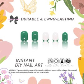 Green Press on Nails Short Square MABKJLF Petite French Tip Fake Nails White Full Cover False Nails with Nail Glue Glossy Glue on Nails Acrylic Nails Manicure Artificial Nails for Women Girls 24Pcs