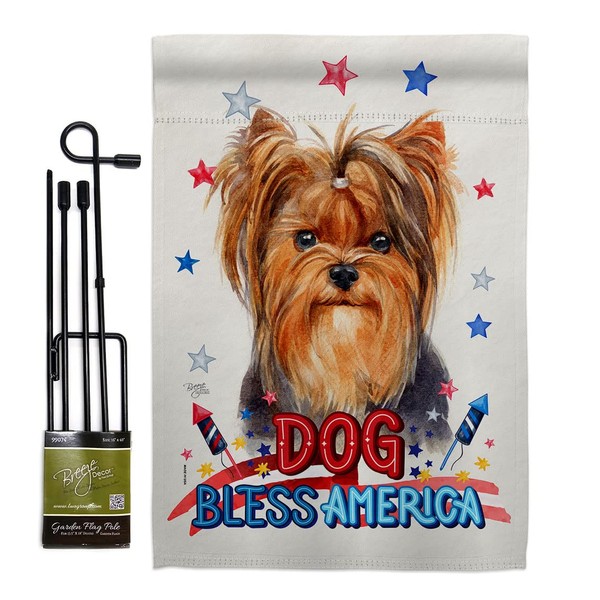 Breeze Decor Patriotic Yorkie Garden Flag Set with Stand Animals