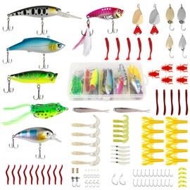 XiYee 109-Piece Fishing Bait Set with Fishing Box Including Wobbler Spinner Baits Fishing Spoon Topwater Frog Swimbaits Rubber Worms Devices Fishing Hooks
