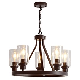 Sivilynus Farmhouse Chandelier Lighting Round 5 Lights Oil Rubbed Bronze with Glass Shade Ceiling Hanging Vintage Rustic Light Fixture for Dining Room Living Room Foyer Porch Kitchen Island