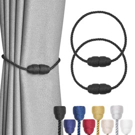 Pretty Jolly 2 Pack Strong Magnetic Curtain Tiebacks - Handmade Weave Side Rope Curtain Holdbacks - Unique & Elegant Decorative Tie Backs for Home & Office Windows (Black)
