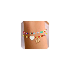 Semoya Softball Initial Bracelets for Women Girls, Gold Colorful Beaded Bracelet Softball Accessories Stuff Jewelry Back to School Gifts Teenage Teen Girl Kids Age 8 9 10 11 12 13 Year Letter M