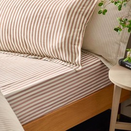 Yard Hebden Midi Stripe Fitted Sheet – Ultra Soft 100% Cotton Striped Bed Sheet (Pecan – Double – 137x190x32cm)