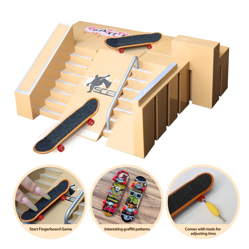NJYW 8-in-1 Fingerboard Skate Park Kit with 3 Mini Fingerboards,