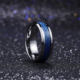 King Will 8mm Silver Tungsten Carbide Rings for Men Men's Wedding Band with Navy Blue Carbon Fiber Inlaid Beveled Edge High Polished Finish Gentleman Comfit Fit, Size 8