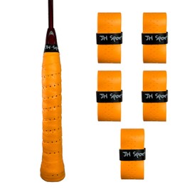 JH Sports Racket Overgrip - Absorbent Grip Tape for Badminton, Pickleball & Tennis | Sweat-Wicking and Perforated - 5 Pack (Orange)