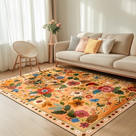 RELEANY Floral 2x3 Area Rug Machine Washable Boho Carpet Non Slip Doormat Low Pile Flower Area Rugs for Living Room Bedroom Kitchen Dining Room Hallway Entryway Indoor-Yellow/Orange