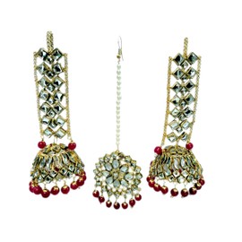 Beautiful Traditional Gold tone Kundan Pearls and Beads Stylish Jhumki Earnings with Maang tikka (cherry Red)(LightWeight) for Women