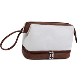 Sprfragrance - Elegante bolsa de maquillaje organizadora de viaje para mujer, bolsa de cosméticos para artículos de cambiador y maquillaje, bolsa de cosméticos de piel impermeable, ajuste perfecto para el hogar o sobre la marcha, C-White/Brown, 9.8*5.1*4