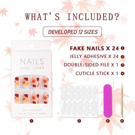 Fall Press On Nails Short Square, Thanksgiving Fake Nails Maple Leaf Patterns Stick On Nails Thanksgiving Nail Accessories for Women Girls 24Pcs