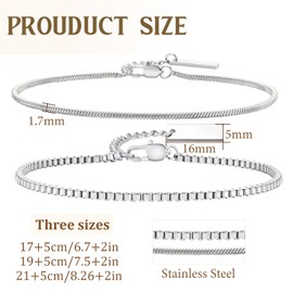 XSDSLS Pack of 2 Silver Chain Bracelets for Men Stainless Steel Bracelets Stackable Curb Chain Snake Chains Adjustable Men's Bracelets Gifts for Men, Stainless Steel, No Gemstone